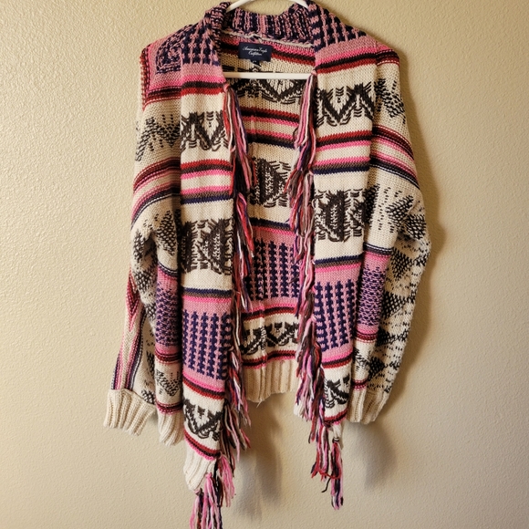 Wool Blend Boho Fringe Striped Cardigan Sweater, M - Picture 1 of 12